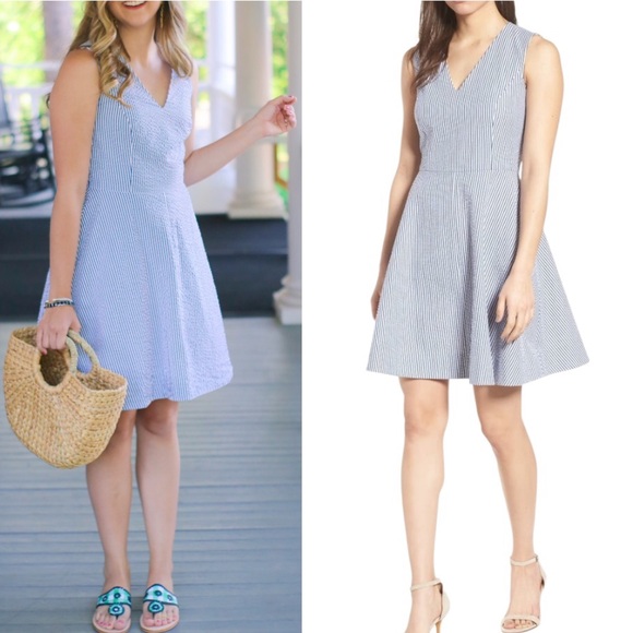 Draper James Love Circle Blue White Stripe Seersucker Fit & Flare Mini Dress - 4 - Picture 1 of 16